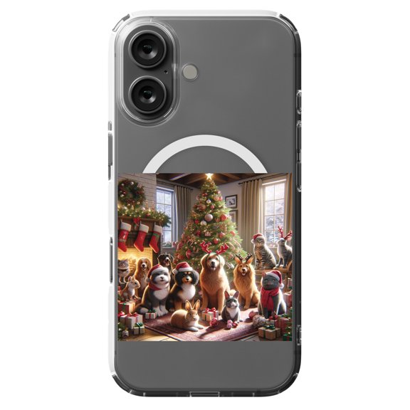 DistinctInk MagSafe Clear Case for Apple iPhone 16 (6.1" Screen) - Furry Friends' Festive Gathering - Raised Bezel Screen Guard
