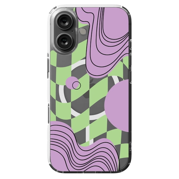 DistinctInk MagSafe Clear Case for Apple iPhone 16 (6.1" Screen) - Green Checkerboard Flag & Lavender Wave - Slim Profile Design