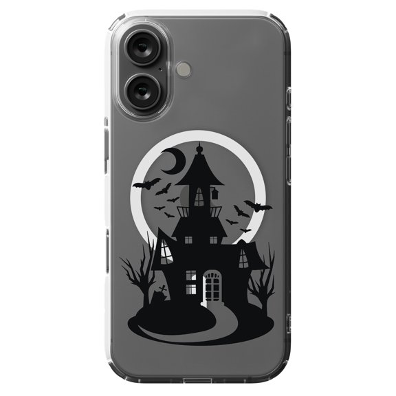 DistinctInk MagSafe Clear Case for Apple iPhone 16 (6.1" Screen) - Haunted House with Bats - Tempered Glass Back