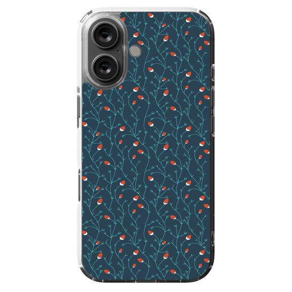 DistinctInk Hybrid Case for iPhone 16 - Slim, Durable, Compatible with MagSafe Charging - Modern Floral - Strawberry Vine - Teal Navy
