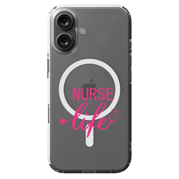 DistinctInk MagSafe Clear Case for Apple iPhone 16 (6.1" Screen) - Nurse Life Stethoscope Pink - Tempered Glass Back