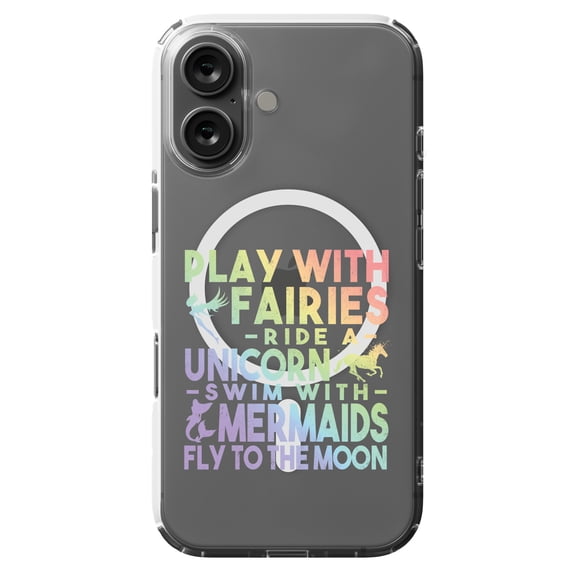 DistinctInk MagSafe Clear Case for Apple iPhone 16 (6.1" Screen) - Play With Fairs Ride Unicorn Mermaids Moon - Wireless Charging Compatible