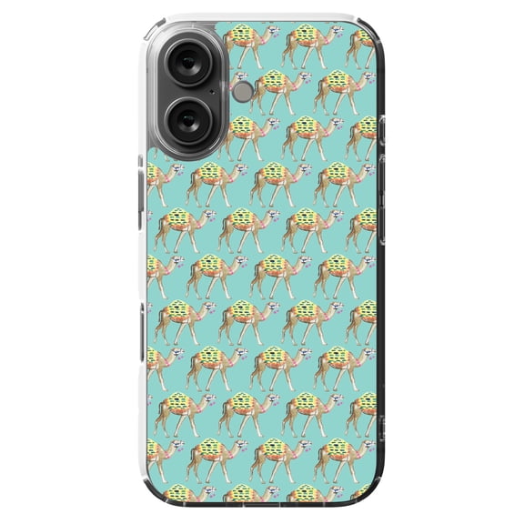 DistinctInk Hybrid Case for iPhone 16 - Slim, Durable, Compatible with MagSafe Charging - Preppy Pattern - Camels on Teal Background