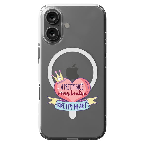 DistinctInk MagSafe Clear Case for Apple iPhone 16 (6.1" Screen) - Pretty Face Never Beats Pretty Heart - Wireless Charging Compatible