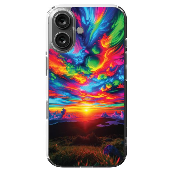 DistinctInk Hybrid Case for iPhone 16 - Slim, Durable, Compatible with MagSafe Charging - Psychedelic Sunset Canvas Art