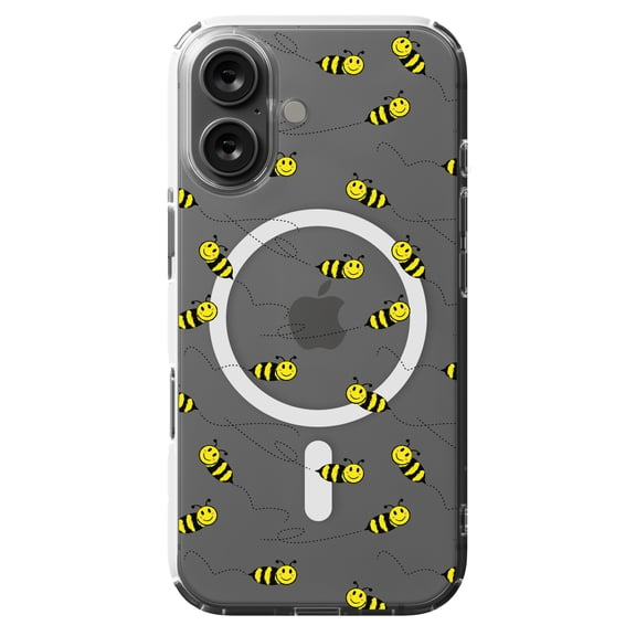DistinctInk MagSafe Clear Case for Apple iPhone 16 (6.1" Screen) - Repeating Bumble bees - Raised Bezel Screen Guard