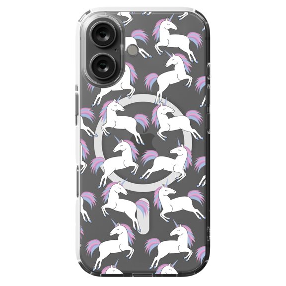 DistinctInk MagSafe Clear Case for Apple iPhone 16 (6.1" Screen) - Repeating Pastel Unicorns - Raised Bezel Screen Guard