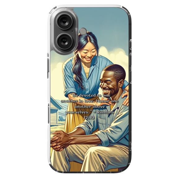 DistinctInk Hybrid Case for iPhone 16 - Slim, Durable, Compatible with MagSafe Charging - "Romans 12:10: Devotion and Honor in Love"