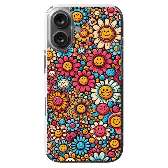 DistinctInk MagSafe Clear Case for Apple iPhone 16 (6.1" Screen) - Smiling Cartoon Flowers: A Vibrant Pattern - Slim Profile Design