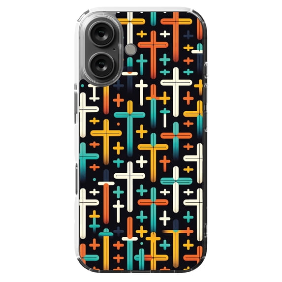 DistinctInk MagSafe Clear Case for Apple iPhone 16 (6.1" Screen) - Vibrant Christian Crosses on Deep Black - Raised Bezel Screen Guard