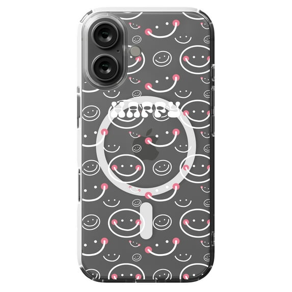 DistinctInk MagSafe Clear Case for Apple iPhone 16 (6.1" Screen) - White Pink Happy Smiley Faces - Shockproof Protection