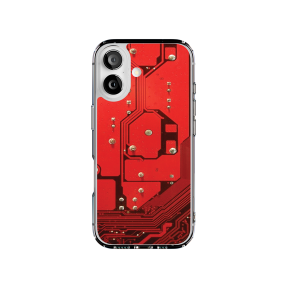 DistinctInk Hybrid Clear Case Compatible with MagSafe for iPhone 17 - Futuristic Red Circuit Design
