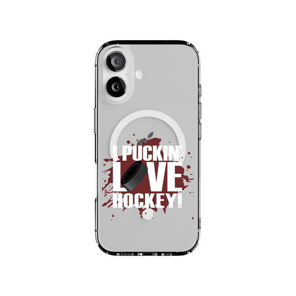 DistinctInk Hybrid Clear Case Compatible with MagSafe for iPhone 17 - I Puckin Love Hockey Design