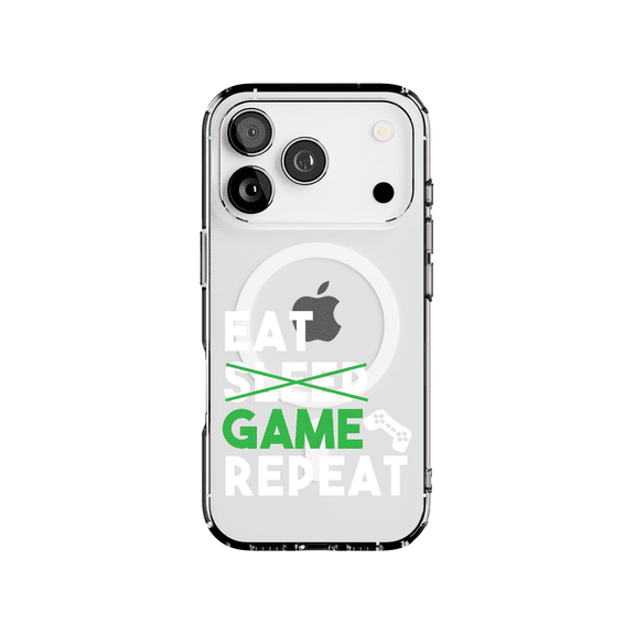 DistinctInk Hybrid Clear Case Compatible with MagSafe for iPhone 17 Pro- Eat Game Repeat Gamer Design