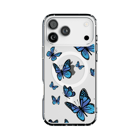 DistinctInk MagSafe Clear Case for Apple iPhone 17 Pro Max (6.9" Screen) - Blue Butterflies Butterfly - Lightweight Grip