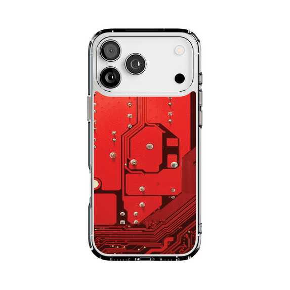 DistinctInk Hybrid Clear Case Compatible with MagSafe for iPhone 17 Pro Max- Futuristic Red Circuit Design