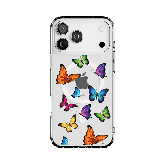DistinctInk Hybrid Clear Case Compatible with MagSafe for iPhone 17 Pro Max- Vibrant Rainbow Butterflies on Black