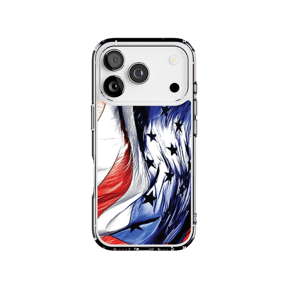 DistinctInk Hybrid Clear Case Compatible with MagSafe for iPhone 17 Pro- Stars and Stripes in Motion