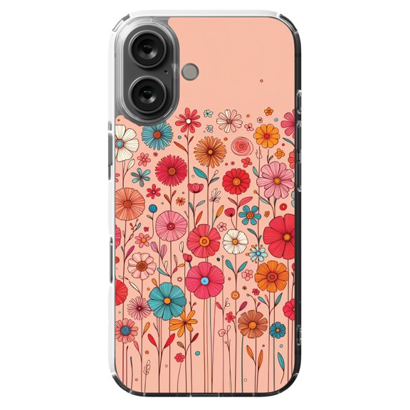 DistinctInk MagSafe Clear Case for Apple iPhone 16 (6.1" Screen) - Vibrant Minimalist Cartoon Flowers in Bloom - Raised Bezel Screen Guard