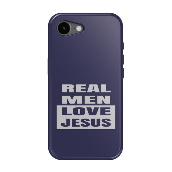 DistinctInk MagSafe Tough Case for iPhone 17e (6.1") - Navy Real Men Love Jesus - Shockproof Drop Protection MagSafe Compatible Cover
