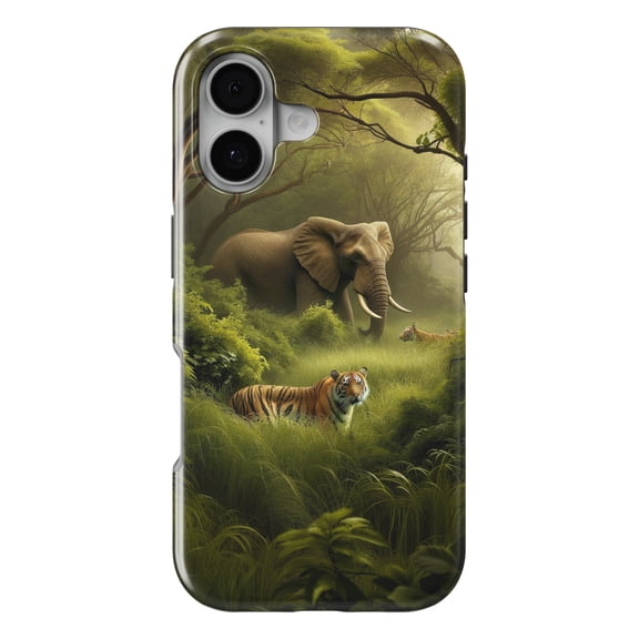 DistinctInk MagSafe Tough Case for iPhone 17 (6.1") - Jungle Encounter: A Bengal Tiger and African Elephant - Shockproof Drop Protection MagSafe Compatible Cover