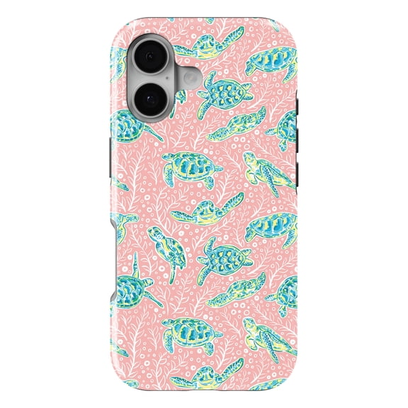 DistinctInk MagSafe Tough Case for iPhone 17 (6.1") - Preppy Pattern - Turtles on Pink Background - Shockproof Drop Protection MagSafe Compatible Cover