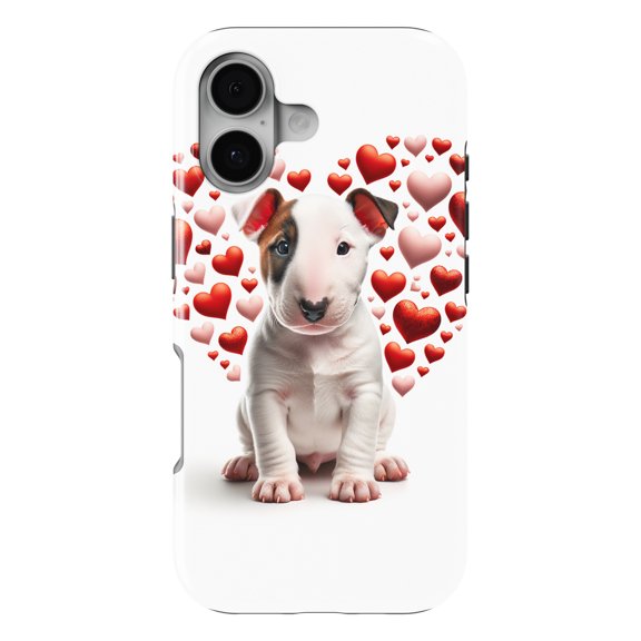 DistinctInk MagSafe Tough Case for iPhone 17 (6.1") - Valentine's Day Miniature Bull Terrier Puppy - Shockproof Drop Protection MagSafe Compatible Cover