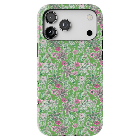 DistinctInk MagSafe Tough Case for iPhone 17 Pro Max (6.9") - Preppy Pattern - Pink & Green Flowers Floral - Shockproof Drop Protection MagSafe Compatible Cover