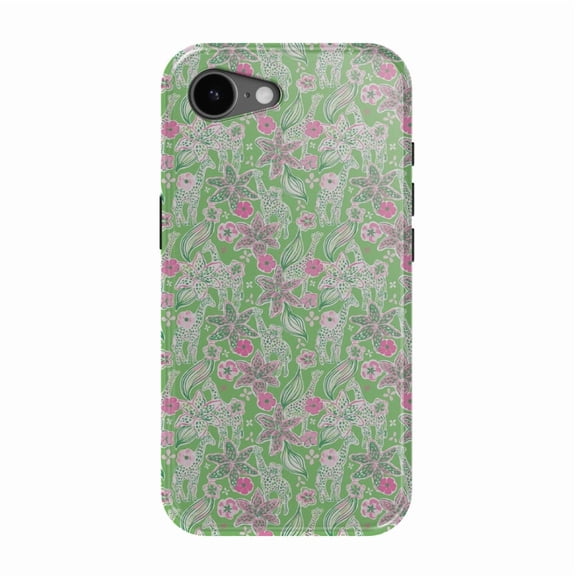 DistinctInk MagSafe Tough Case for iPhone 17e (6.1") - Preppy Pattern - Pink & Green Flowers Floral - Shockproof Drop Protection MagSafe Compatible Cover