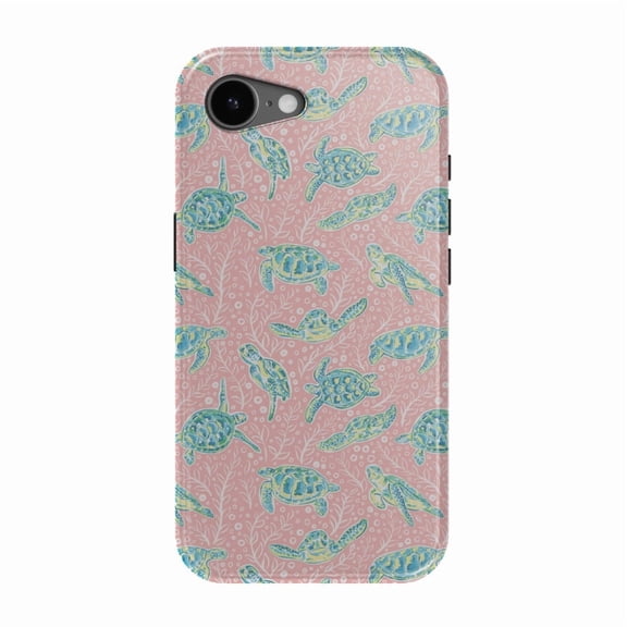 DistinctInk MagSafe Tough Case for iPhone 17e (6.1") - Preppy Pattern - Turtles on Pink Background - Shockproof Drop Protection MagSafe Compatible Cover