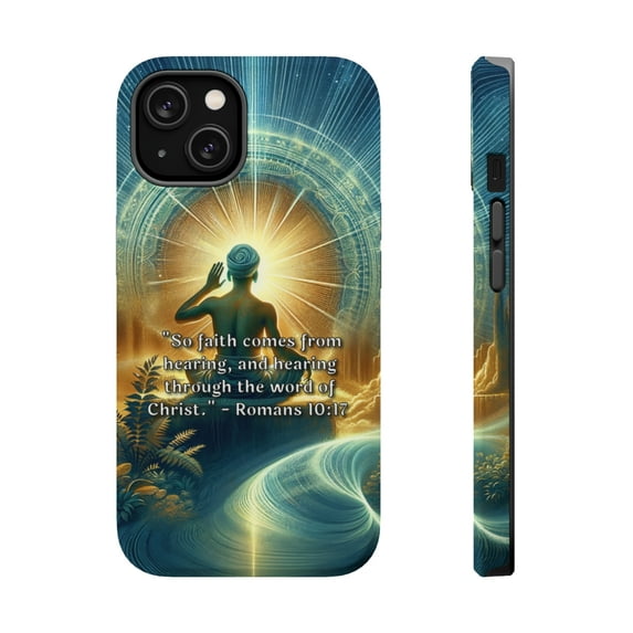 DistinctInk MagSafe Tough Case for Apple iPhone 13 (6.1" Screen) - Faith through hearing the word of Christ. - Wireless Charging Compatible