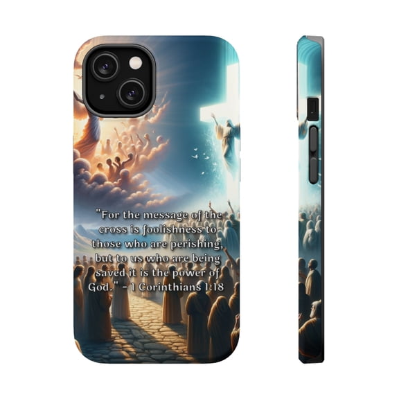 DistinctInk MagSafe Tough Case for Apple iPhone 13 Mini (5.4" Screen) - Foolishness to the Perishing, Power to the Saved: 1 Corinthians 1:18 - Slim Profile Design