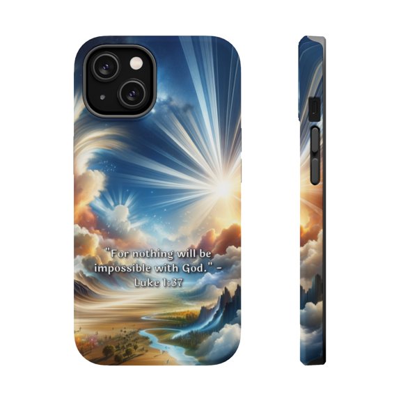DistinctInk MagSafe Tough Case for Apple iPhone 13 Mini (5.4" Screen) - Luke 1:37 Proclaims the Power of God's Infinite Possibilities - Wireless Charging Compatible