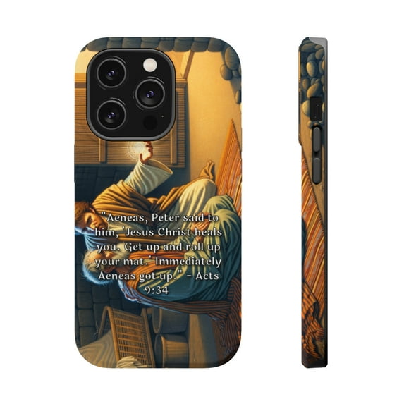DistinctInk Tough Case for Apple iPhone 13 PRO (6.1" Screen), Compatible with MagSafe Charging - "Aeneas Gets Up: Healing by Jesus Christ - Acts 9:34"