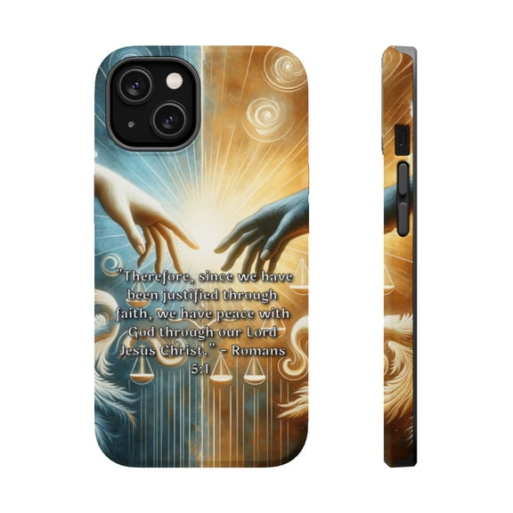 DistinctInk MagSafe Tough Case for Apple iPhone 15 (6.1" Screen) - Romans 5:1 - Raised Bezel Screen Guard