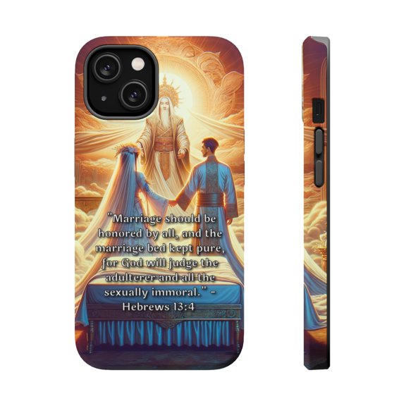 DistinctInk MagSafe Tough Case for Apple iPhone 15 (6.1" Screen) - Honoring Marriage: Hebrews 13:4 Emphasizes Purity and Accountability - Tempered Glass Back