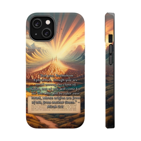 DistinctInk MagSafe Tough Case for Apple iPhone 15 (6.1" Screen) - Bethlehem Ephrathah: Birthplace of Ancient Ruler - Tempered Glass Back