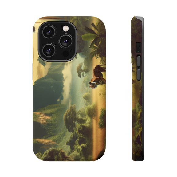 DistinctInk MagSafe Tough Case for Apple iPhone 15 Pro (6.1" Screen) - A Majestic Tiger Roams the Enchanting Jungle Paradise - Shockproof Protection