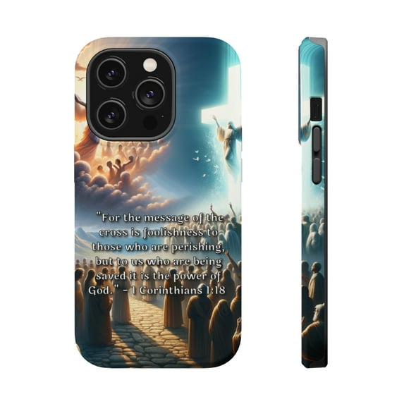 DistinctInk MagSafe Tough Case for Apple iPhone 15 Pro (6.1" Screen) - Foolishness to the Perishing, Power to the Saved: 1 Corinthians 1:18 - Slim Profile Design