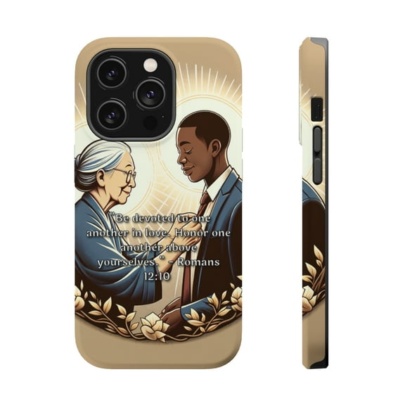 DistinctInk Tough Case for Apple iPhone 15 Pro MAX (6.7" Screen), Compatible with MagSafe Charging - "Devotion in Love: Romans 12:10 - Honor Above Self"