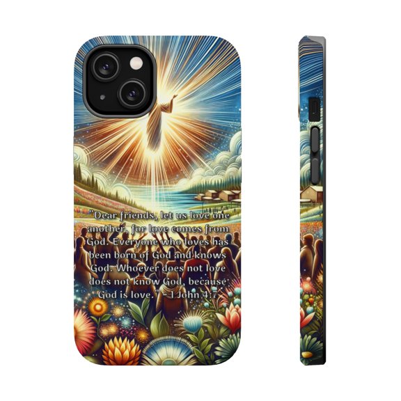 DistinctInk Tough Case for Apple iPhone 13 (6.1" Screen), Compatible with MagSafe Charging - "1 John 4:7 – Love: A Divine Connection"