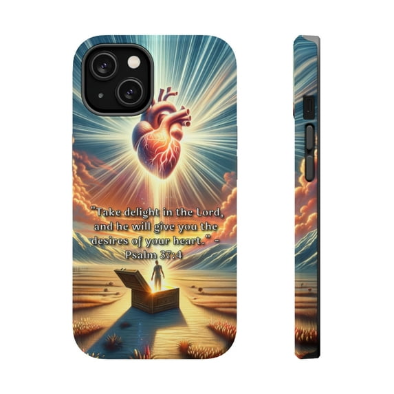 DistinctInk Tough Case for Apple iPhone 13 (6.1" Screen), Compatible with MagSafe Charging - "Delight in the Lord: Psalm 37:4 - Your Heart's Desires"