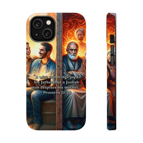 DistinctInk MagSafe Tough Case for Apple iPhone 13 (6.1" Screen) - The Joy of a Wise Son: Proverbs 15:20 - Slim Profile Design