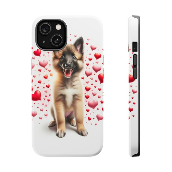 DistinctInk MagSafe Tough Case for Apple iPhone 13 (6.1" Screen) - Valentine's Day Belgian Sheepdog Puppy - Wireless Charging Compatible