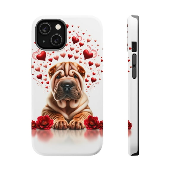 DistinctInk Tough Case for Apple iPhone 13 (6.1" Screen), Compatible with MagSafe Charging - Valentine's Day Chinese Shar-Pei Puppy