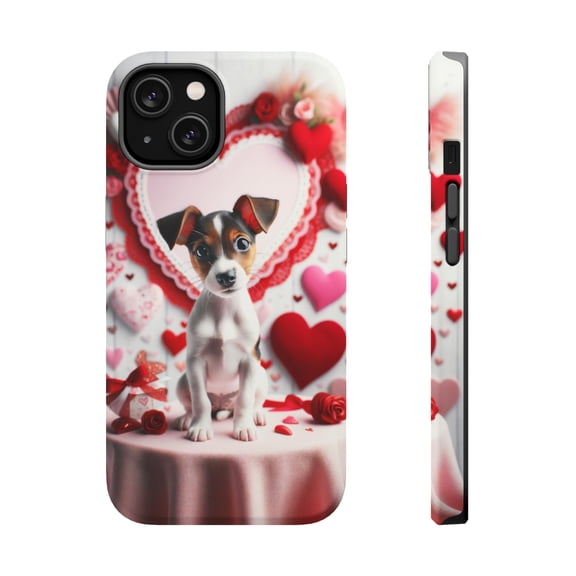 DistinctInk MagSafe Tough Case for Apple iPhone 13 (6.1" Screen) - Valentine's Day Rat Terrier Puppy - Wireless Charging Compatible