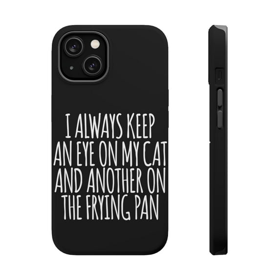 DistinctInk MagSafe Tough Case for Apple iPhone 13 Mini (5.4" Screen) - Always Keep Eye on Cat and on Frying Pan - Raised Bezel Screen Guard