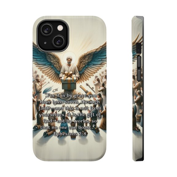 DistinctInk MagSafe Tough Case for Apple iPhone 13 Mini (5.4" Screen) - Saved by Grace, Not by Works. - Shockproof Protection