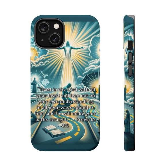 DistinctInk MagSafe Tough Case for Apple iPhone 13 Mini (5.4" Screen) - Proverbs 3:5: Trust in the Lord, Rely on Him - Tempered Glass Back