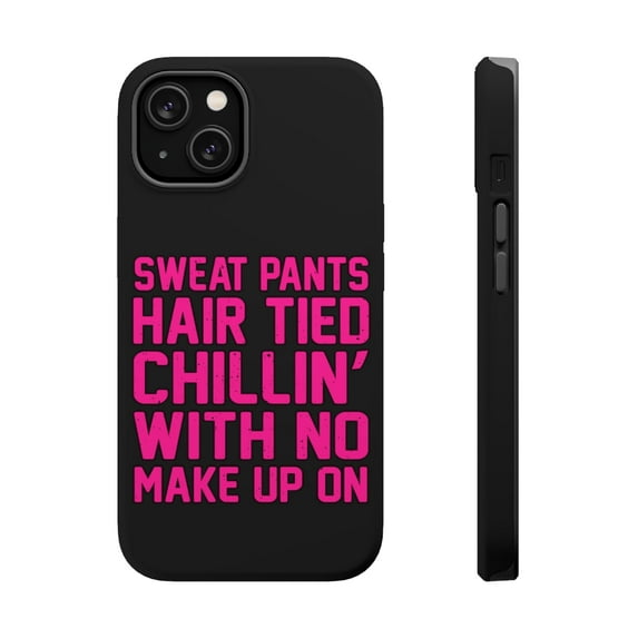 DistinctInk Tough Case for Apple iPhone 13 MINI (5.4" Screen), Compatible with MagSafe Charging - Sweat Pants Hair Tied Chillin' With No Make Up On